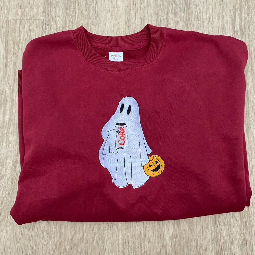 Ghost Iced Coffee Halloween Sweatshirt Crew Neck Pullover Red Womens Size XL